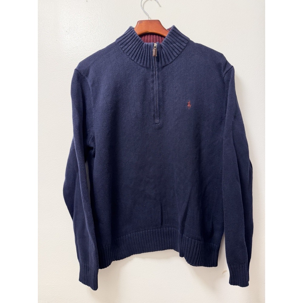 Polo Ralph Lauren Sweater Mens Large Blue 1/4 Zip Mock Neck Cotton Knit Pullover